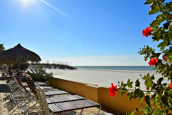 Une terrasse au bord de la plage, dotée de chaises longues et d’un parasol en chaume, avec vue sur la plage.