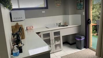 Fridge, microwave, coffee/tea maker, electric kettle