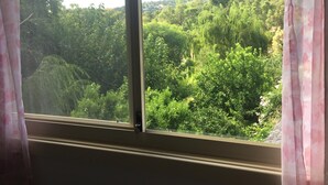 A window with a view of a lush green landscape, curtains partially drawn, and a visible window frame. - Bright & Beautiful Home on the Hills! (Kelmscott)