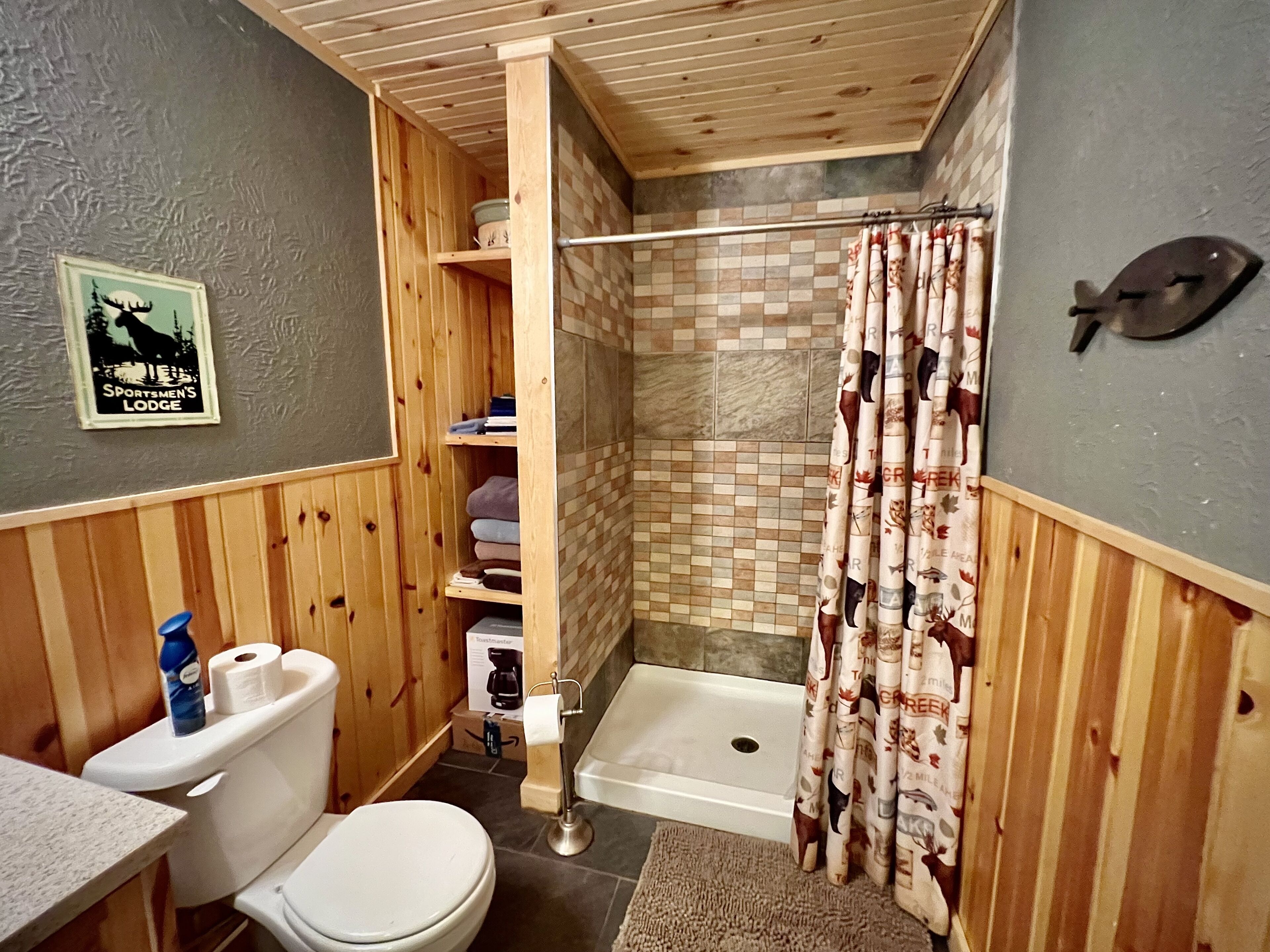 Douche, serviettes fournies, papier toilette
