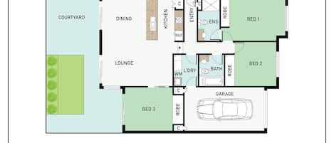 Plano de planta de un hotel que incluye un patio, comedor, sala de estar, tres dormitorios, un baño y un garaje.