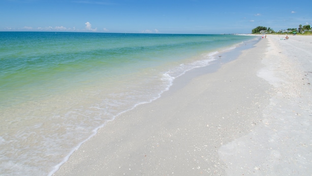 A beach with clear turquoise water and a sandy shore.
