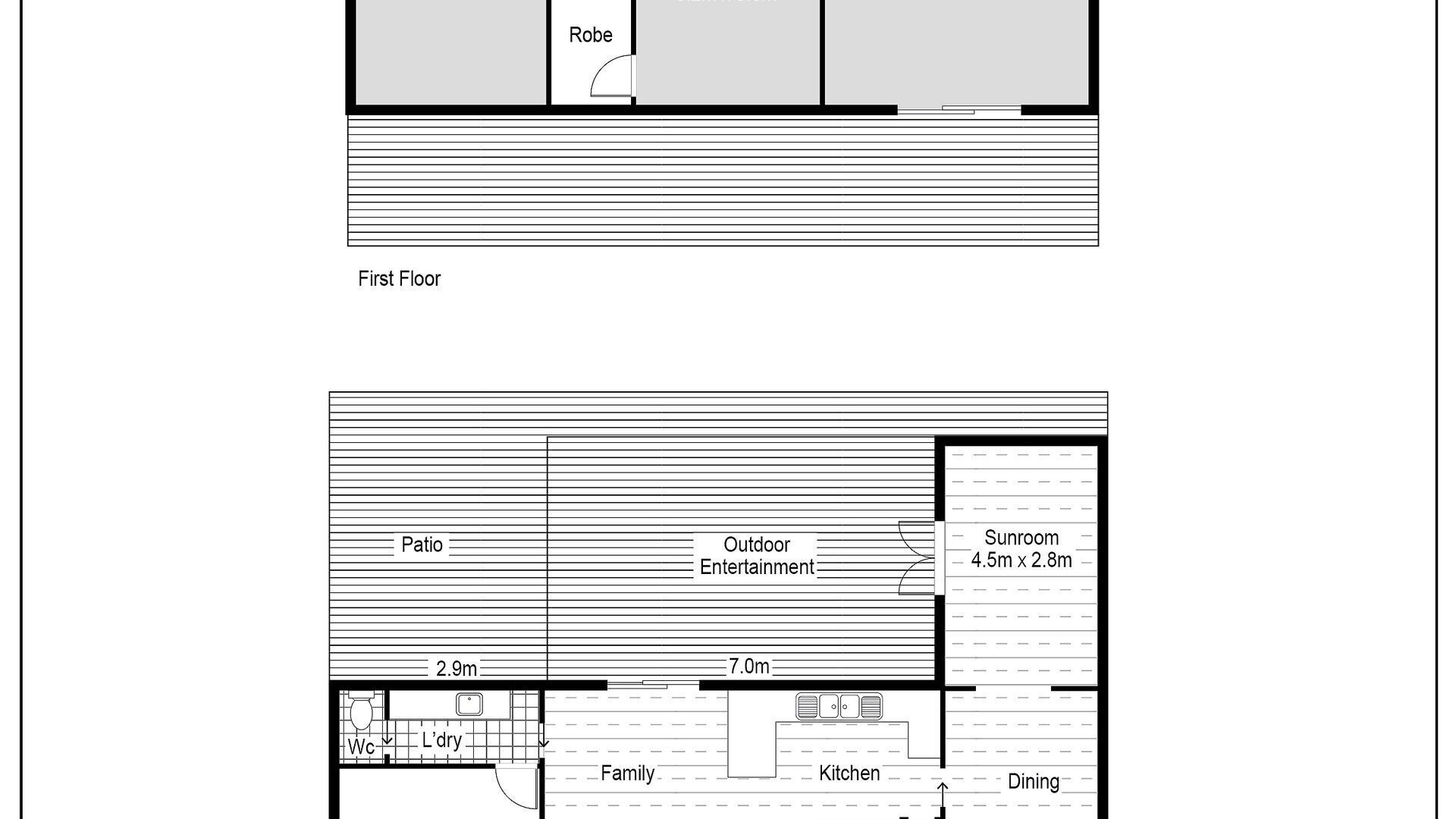 Plan d’étage d’un hôtel, avec une disposition du premier étage comprenant un patio, un espace de divertissement extérieur, un solarium, un salon familial, une cuisine, un coin repas, des toilettes et une buanderie.