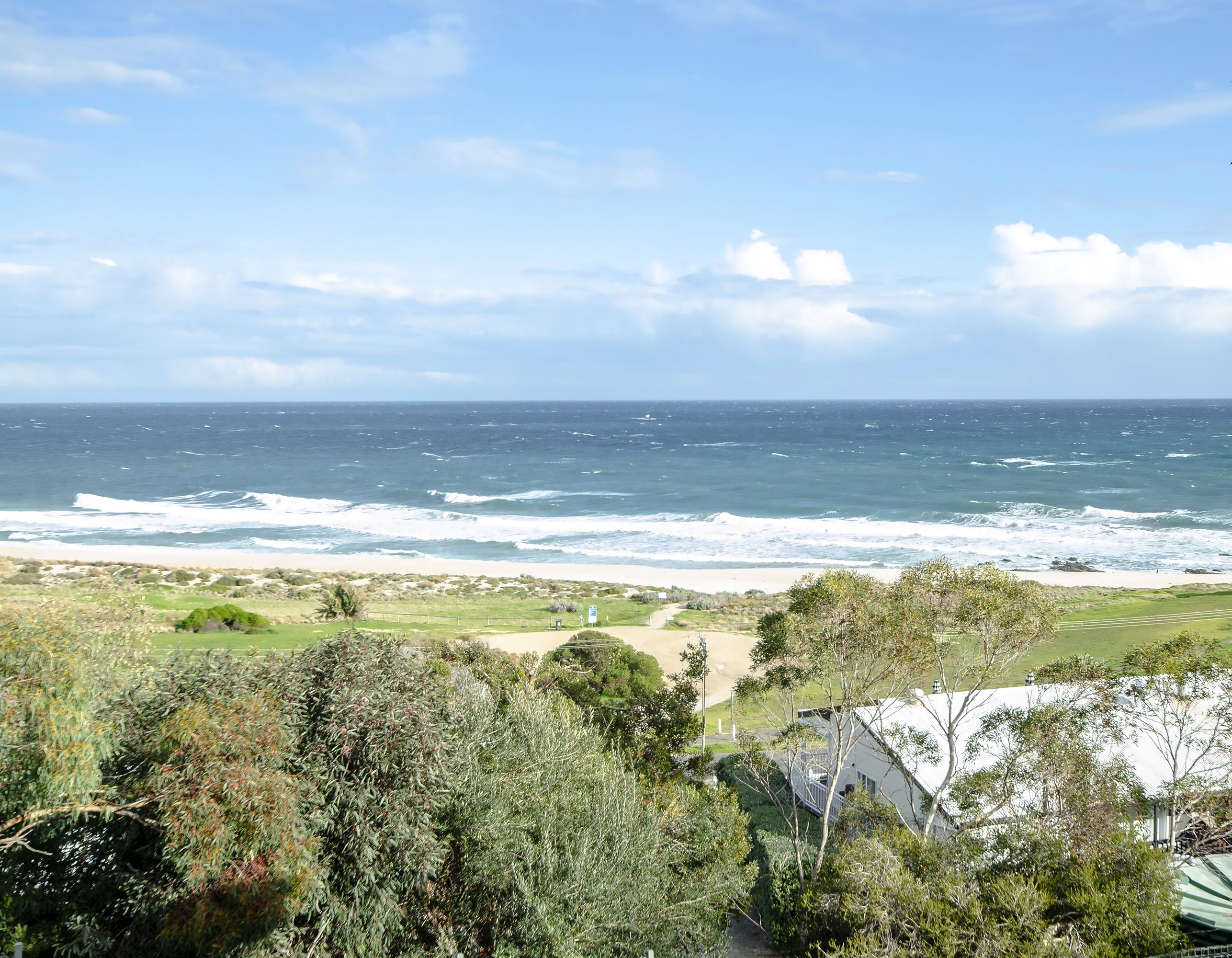 A coastal view with a beach, ocean, and greenery.