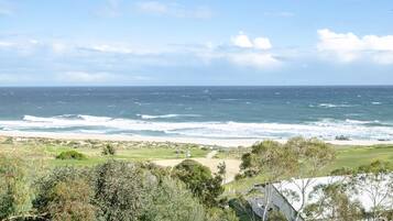 A coastal view with a beach, ocean, and greenery.