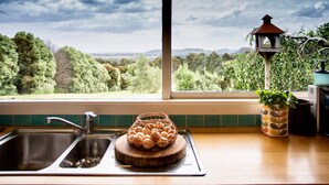 A kitchen with a view of a forest and mountains, a sink, a wooden cutting board with eggs, and a lantern.