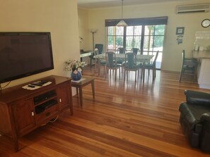 Smart TV, fireplace, video games, DVD player