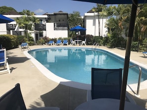 A swimming pool with lounge chairs and umbrellas, surrounded by palm trees and buildings. - Beautiful Barbados,  Excellently Located Studio in Rockley Golf & Country Club (Bridgetown)