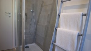 Shower, hair dryer, bidet, towels