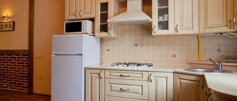 Fridge, electric kettle, toaster