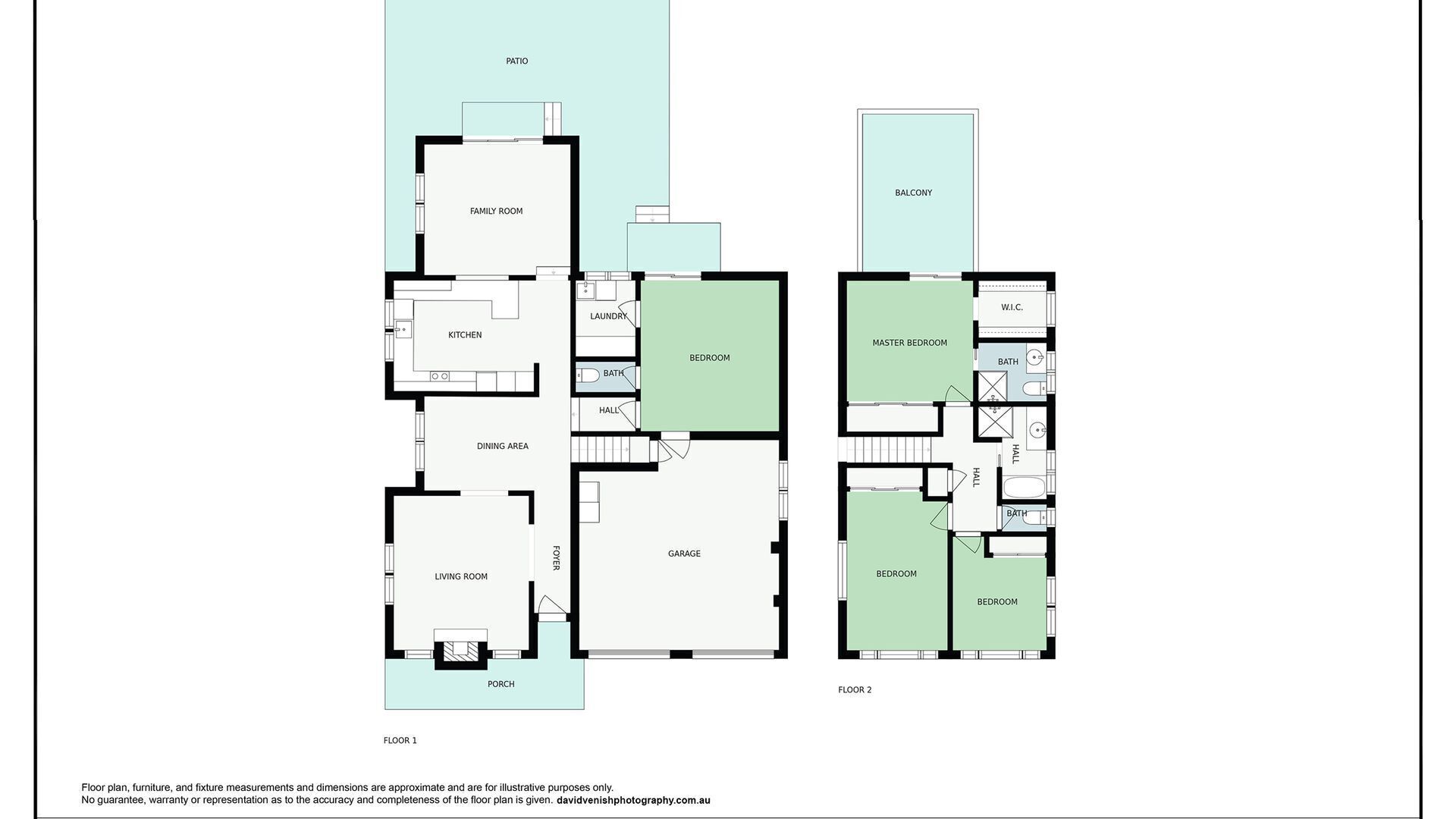 Grundplan af et hus med en patio, familieværelse, køkken, spiseområde, stue, entre, garage og to soveværelser.