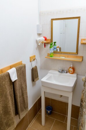 Regadera, secadora de cabello, toallas, jabón 