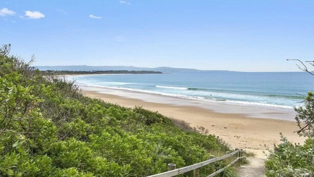 Une plage avec une promenade en bois menant au rivage, entourée de verdure.
