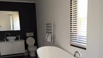 Bathtub, hair dryer, towels, soap