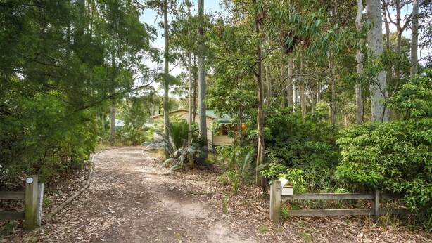 A forested area with a dirt path leading to a building with a green roof. - Beachwood  on  Casey (Mystery Bay)