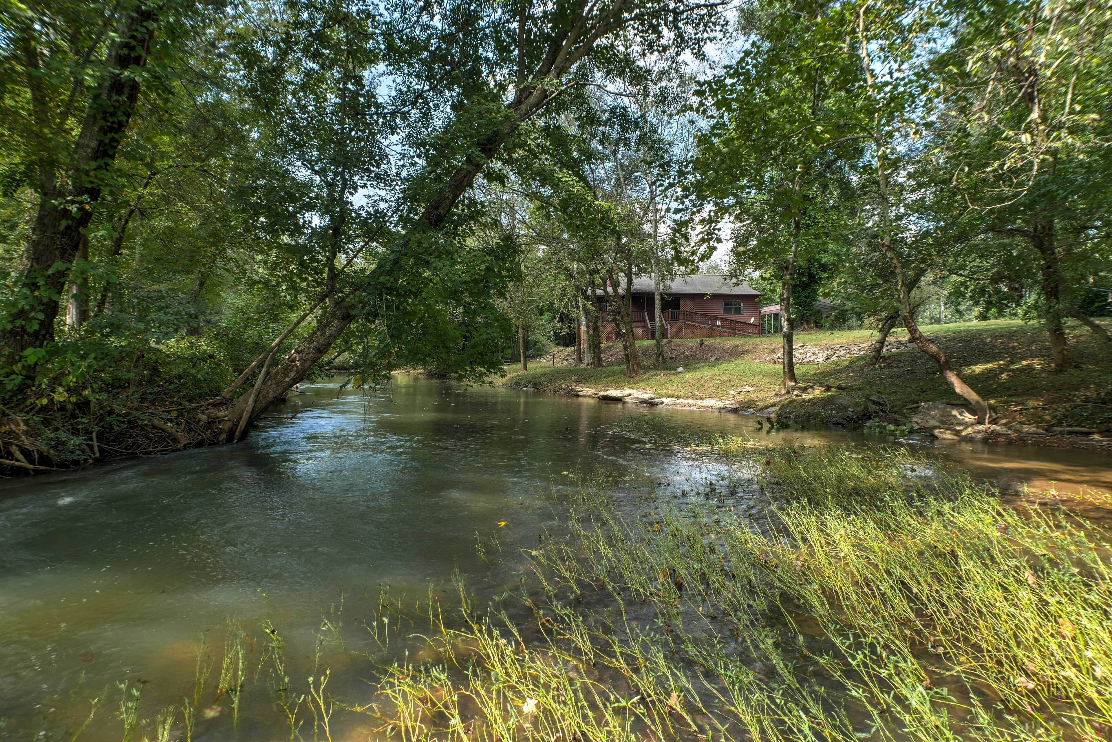 Een rivier die door een bebost gebied stroomt, met een landelijk gebouw op de achtergrond.