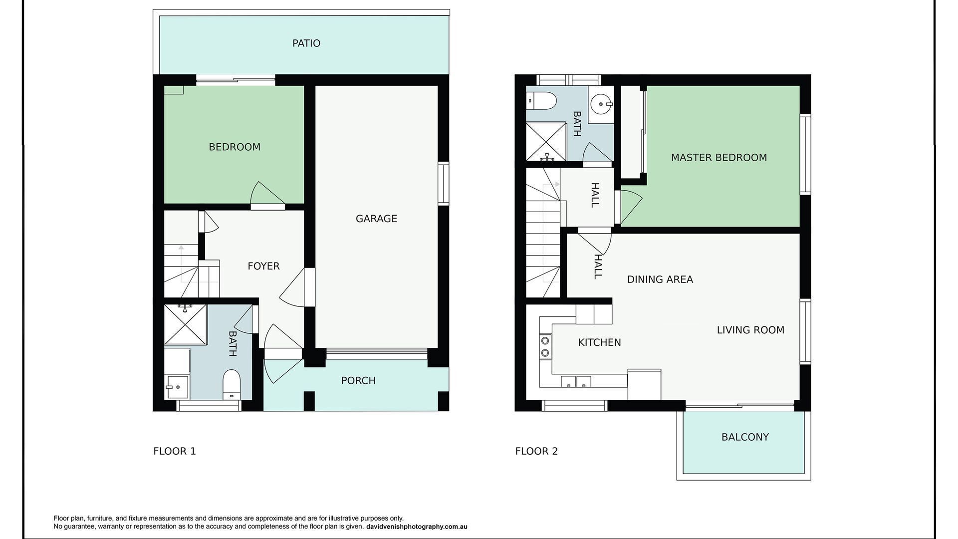 A floor plan of a property with two floors. Floor 1 includes a bedroom, bathroom, foyer, and a patio. Floor 2 features a master bedroom, dining area, kitchen, living room, and a balcony.