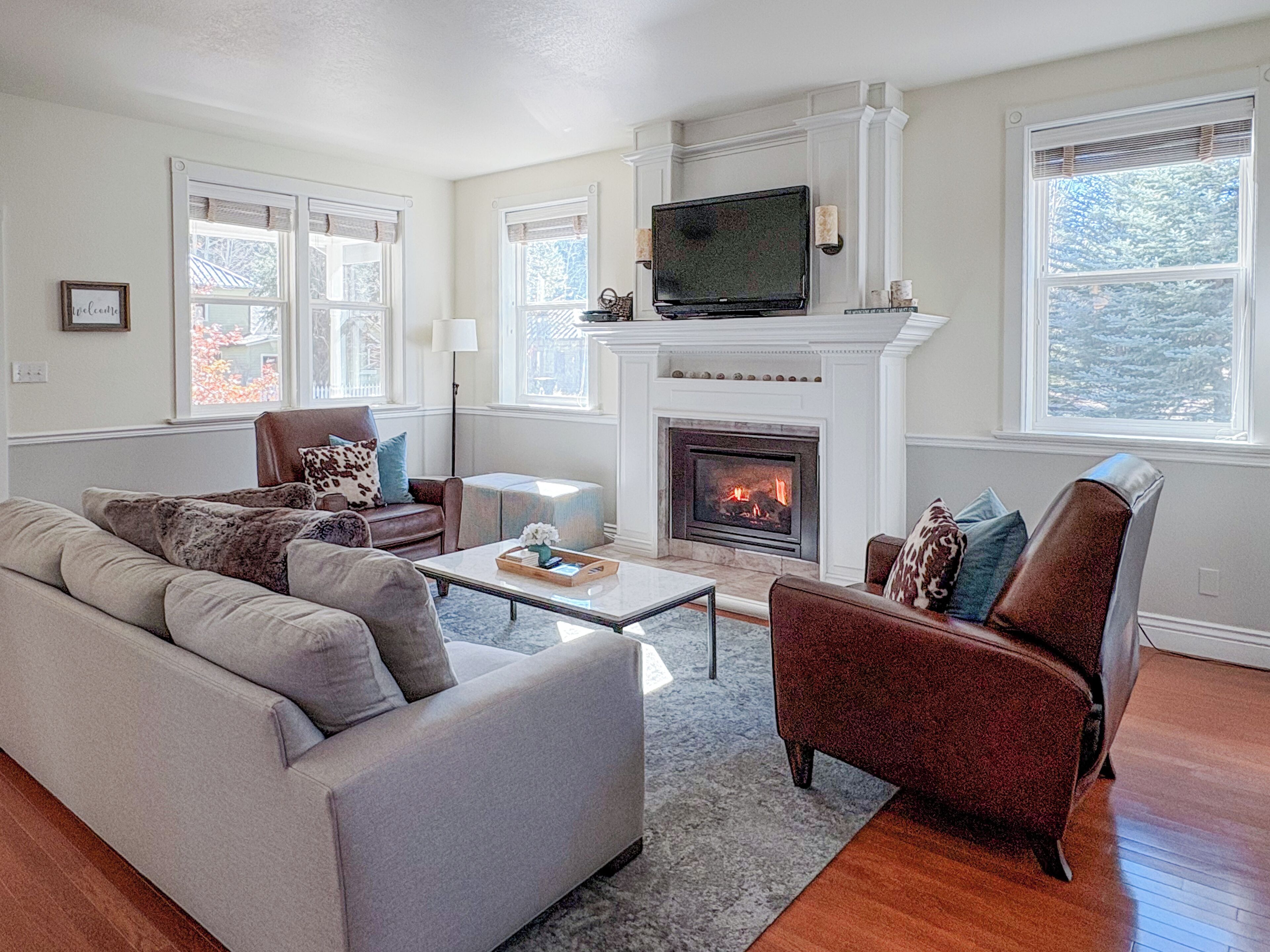 TV connectée, cheminée, lecteur de DVD, chaîne hi-fi