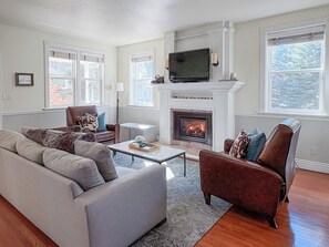 Smart TV, fireplace, DVD player, stereo