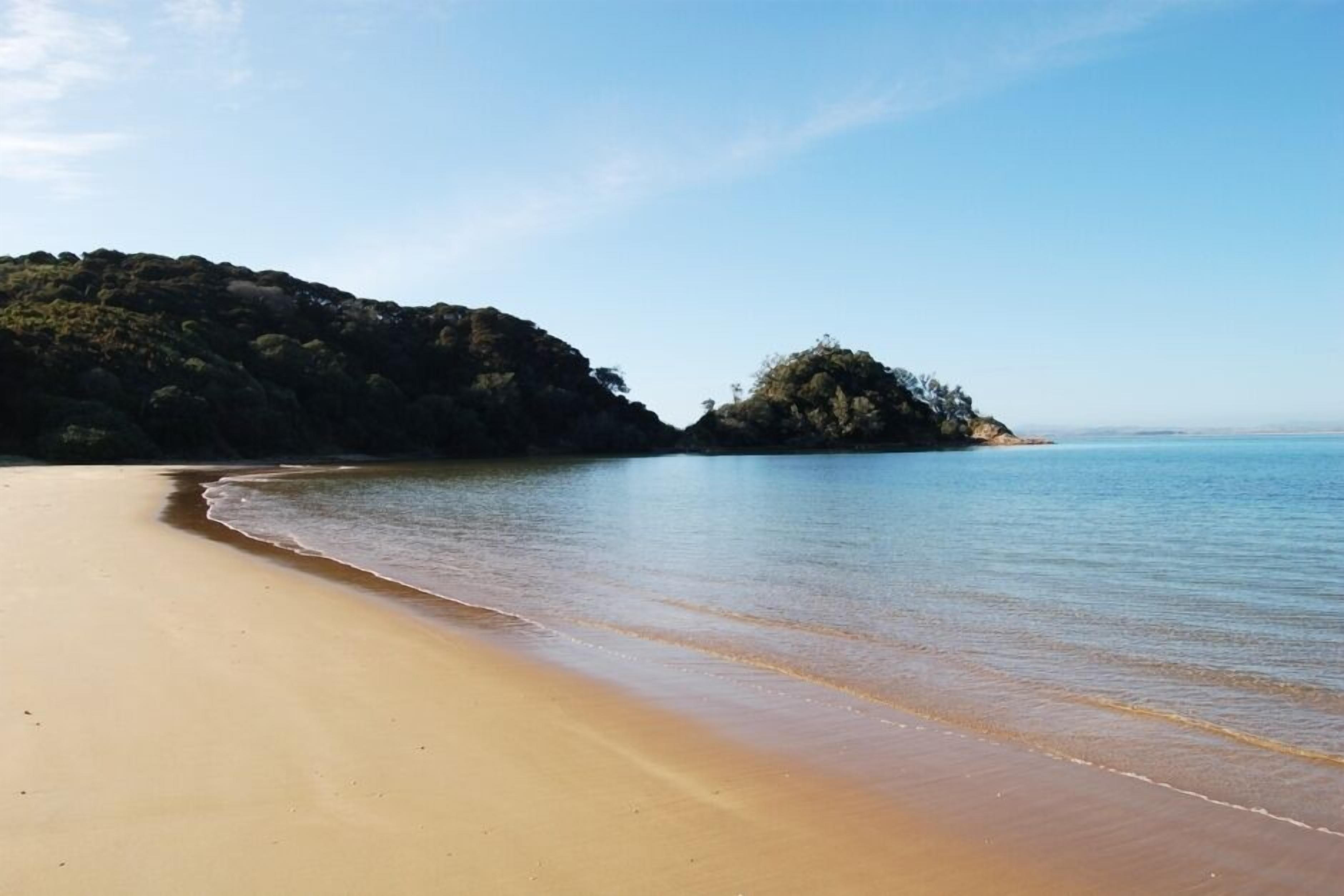 A beach with a sandy shore and a small rocky island in the distance.