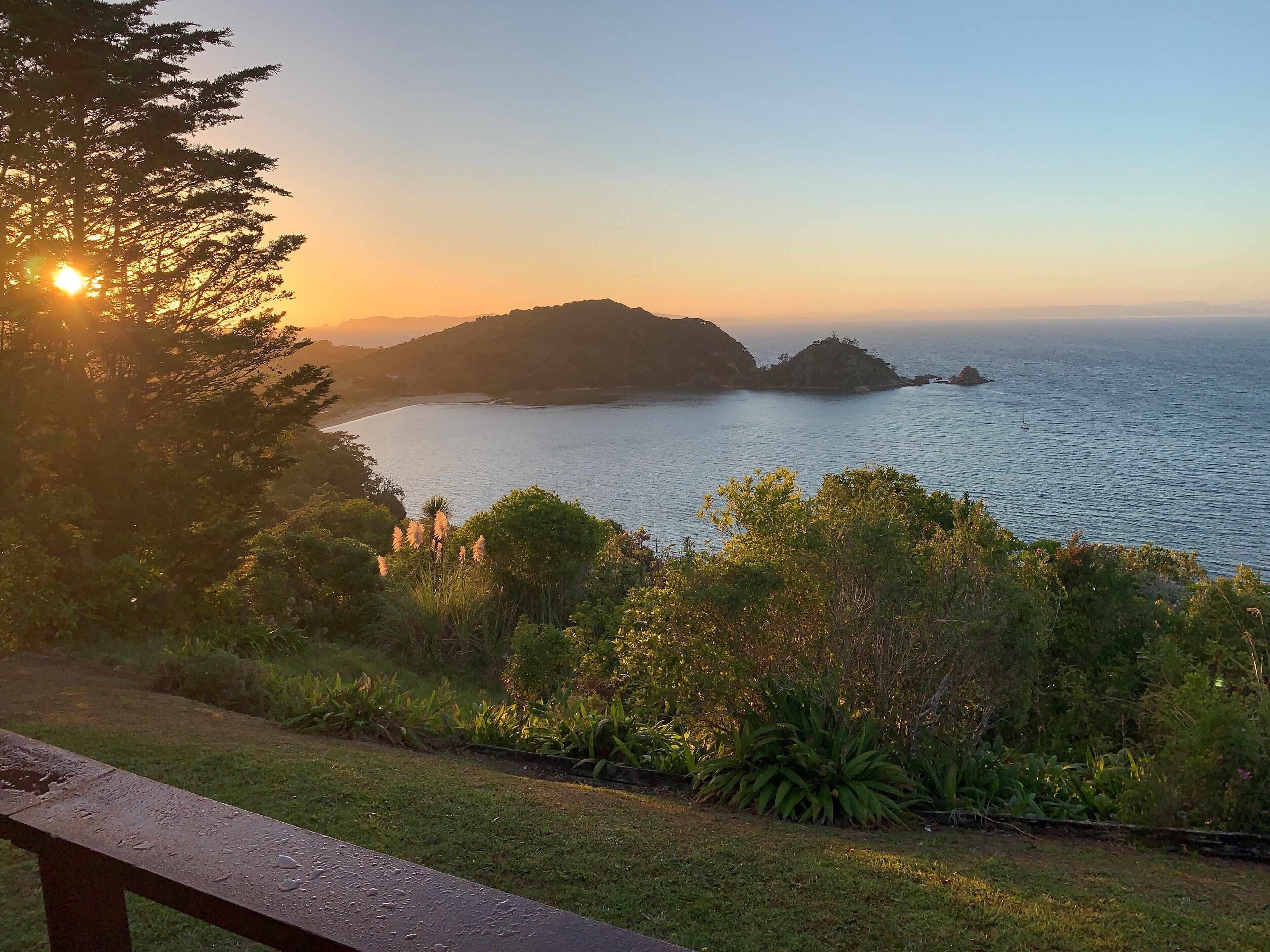 Un paysage côtier avec un banc au premier plan, une étendue d’eau et une île vallonnée à l’arrière-plan.