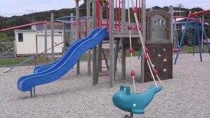 A playground with a blue slide, a yellow climbing structure, and a swing set. - Kākā Point Beach House (Kaka Point)