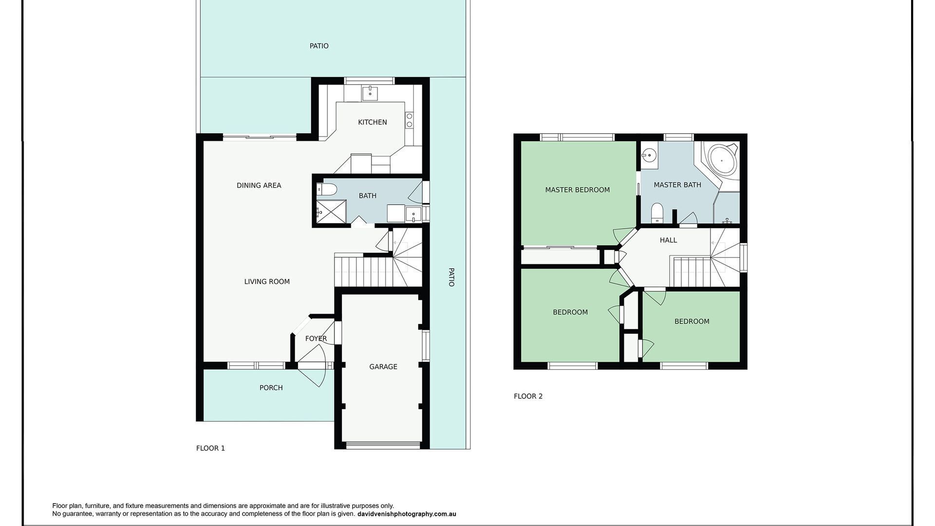 A floor plan of a two-story house with a patio, kitchen, dining area, living room, two bedrooms, a master bedroom, master bathroom, and a garage.