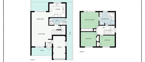 A floor plan of a two-story house with a patio, kitchen, dining area, living room, two bedrooms, a master bedroom, master bathroom, and a garage.