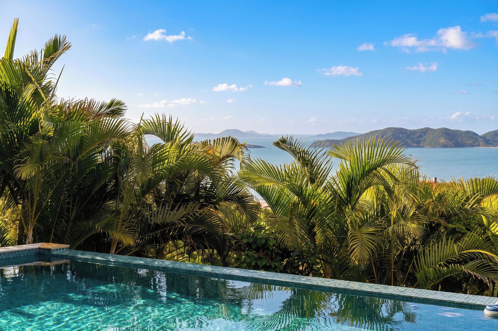 A clear view of a swimming pool with a tiled edge, surrounded by lush green palm trees and a distant view of mountains and a body of water.