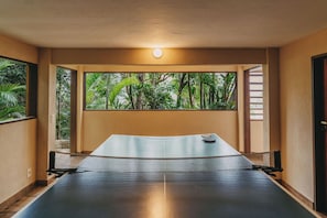 A ping pong table in a room with a view of tropical foliage through a window.