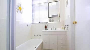 Bathtub, hair dryer, soap, toilet paper
