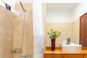 Combined shower/bathtub, hair dryer, towels, soap