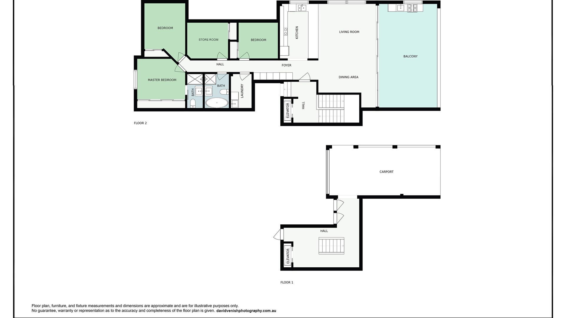 A floor plan of a hotel with two floors, including a master bedroom, bedrooms, a store room, a living room, a balcony, a dining area, a carport, and a hall.