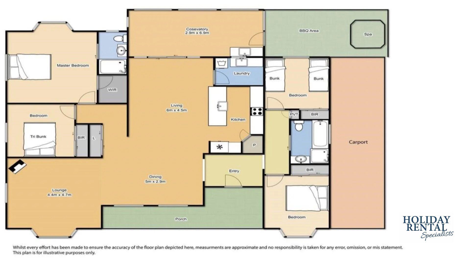 Plano de planta de una vivienda vacacional con habitación principal, tres dormitorios, comedor, sala de estar, cocina, salón, un baño, cochera, spa y zona de barbacoa.