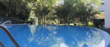 Una piscina rodeada de exuberante vegetación y un muro de piedra.
