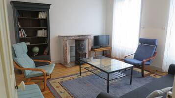 TV, fireplace, DVD player, books