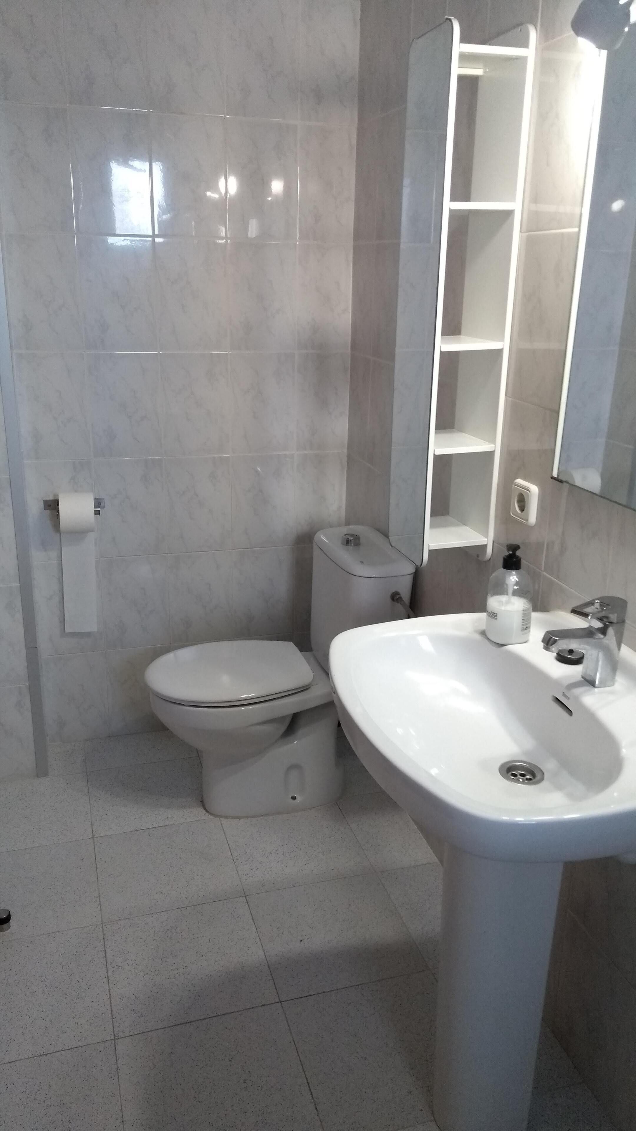 A modern bathroom with a toilet, sink, and mirror.