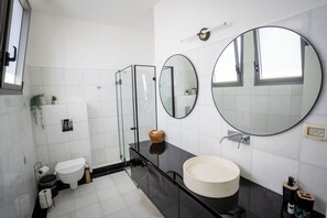 Combined shower/bathtub, hair dryer, towels, soap