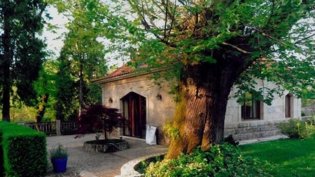 A stone building with a red roof, surrounded by lush greenery and a large tree.