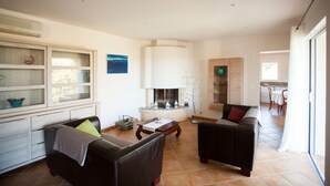 A spacious living area with two sofas, a coffee table, and a fireplace. There is a kitchen in the background. - 
Private villa  and large  pool 08 mn from Porto Vecchio and marvellous beaches
 (Porto-Vecchio)