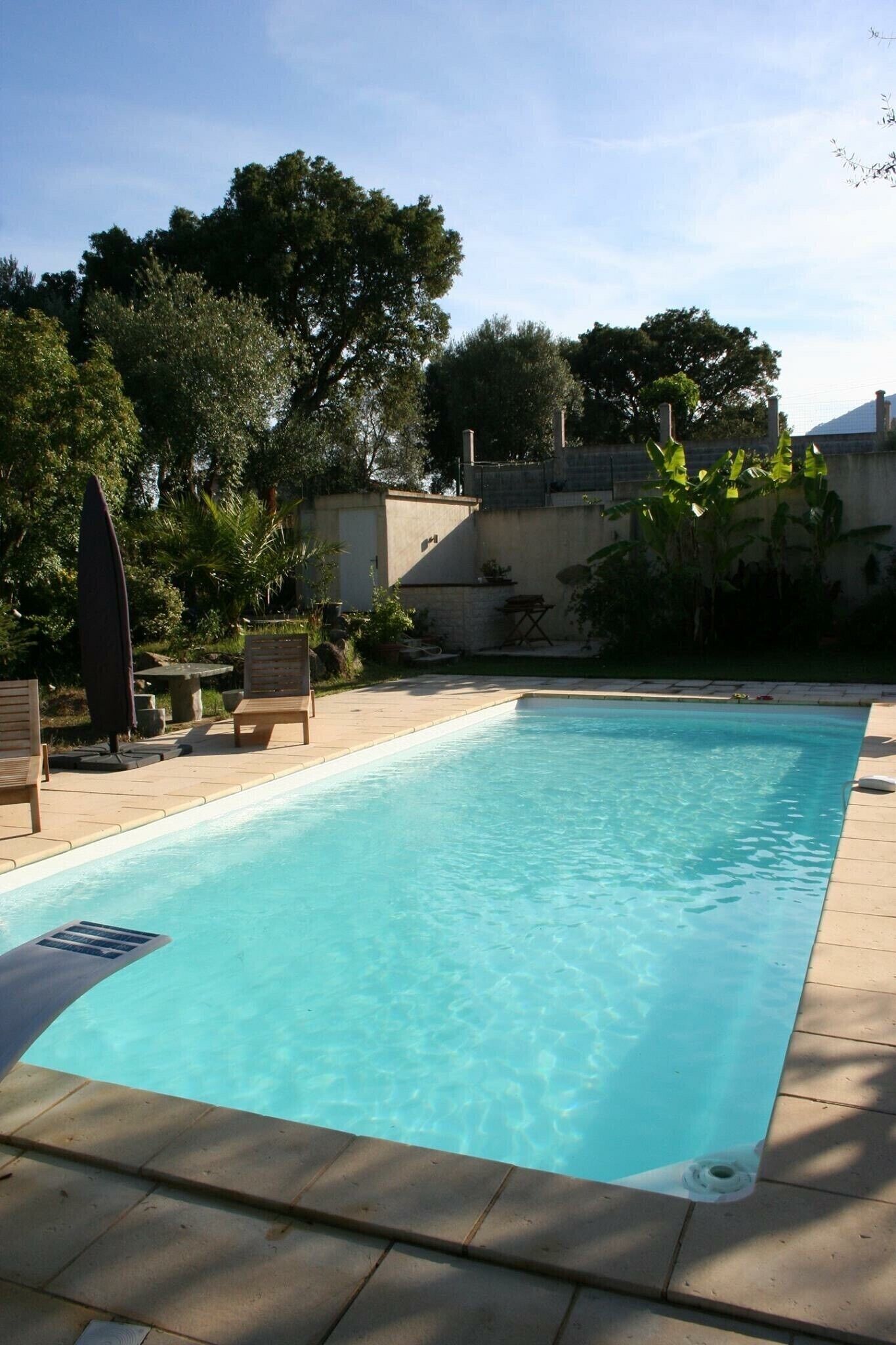 Une piscine rectangulaire à l’eau d’un bleu limpide, entourée d’une terrasse carrelée. On y trouve deux chaises longues en bois et un parasol noir. L’espace piscine est délimité par un petit muret, avec de la verdure et des arbres en arrière-plan.