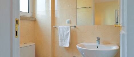A bathroom with a toilet, a sink, and a mirror.