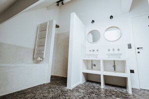 Combined shower/tub, hair dryer, toilet paper