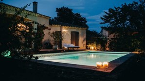 Un espace piscine avec un fauteuil de relaxation et une plante en pot.