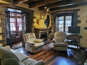 Télévision, cheminée, lecteur de DVD