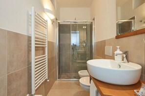 Shower, hair dryer, bidet, towels