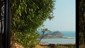 Vista costera con muro de piedra, un árbol y una isla distante.