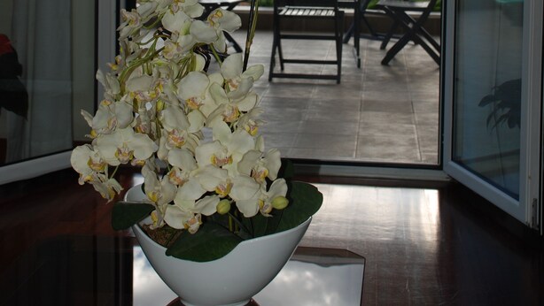 Een kamer met een groot raam, een witte orchidee vaas op een tafel, en uitzicht op een balkon met tuinmeubels.