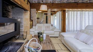 Télévision, cheminée, livres