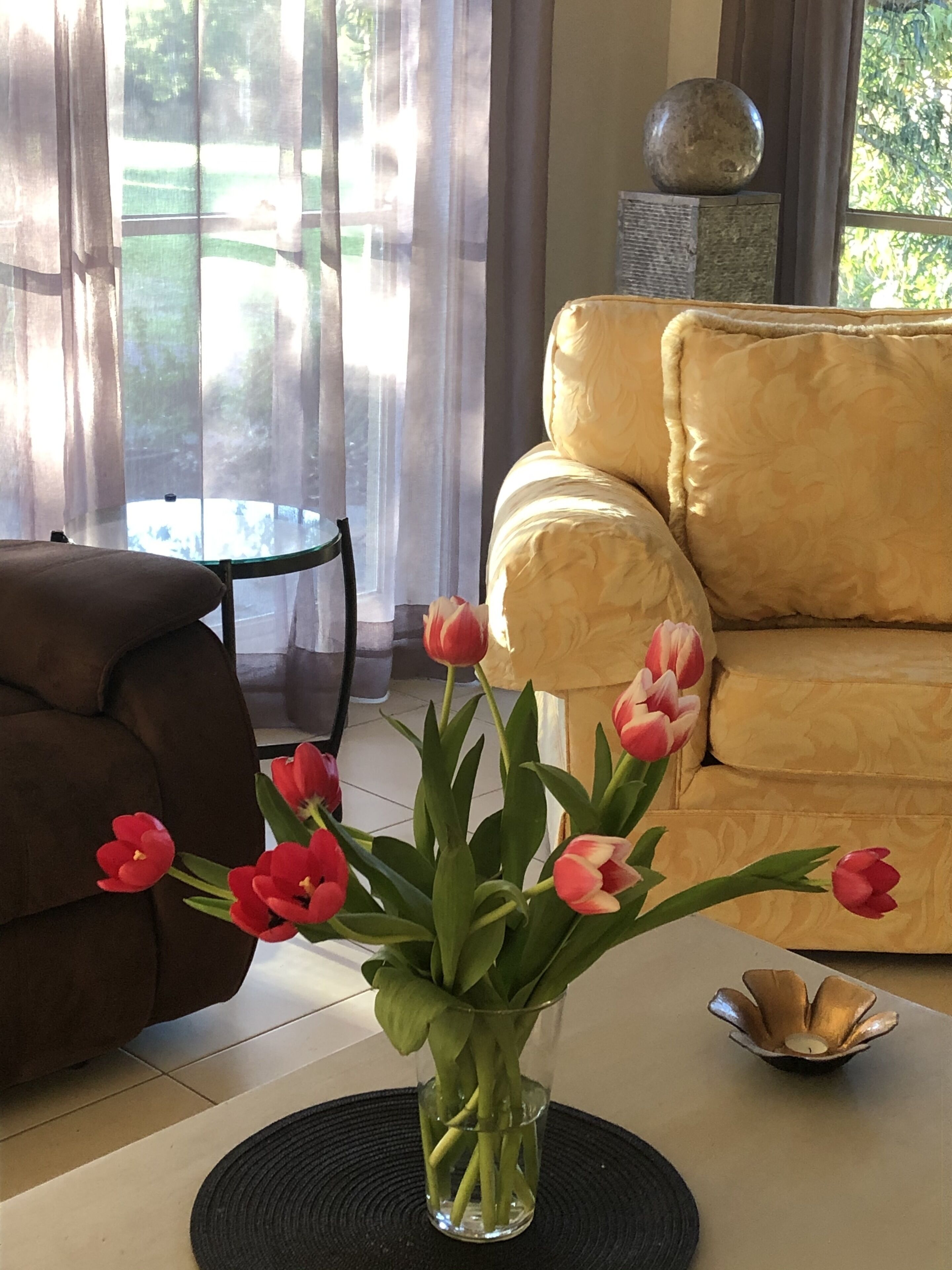 Una sala de estar con un sofá color beige, un sillón marrón y un jarrón con tulipanes rojos sobre un felpudo negro.